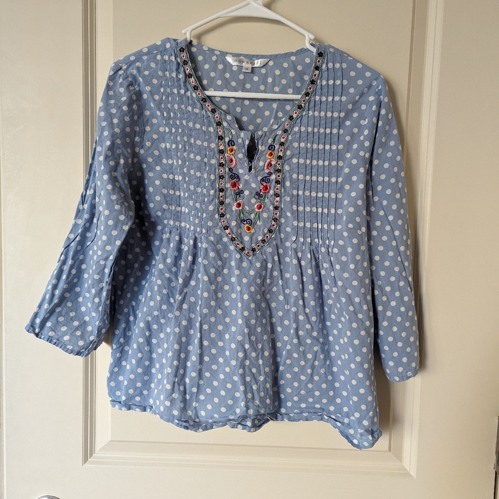 Blue And White Polka-dot Downeast Blouse With Colorful Floral Details